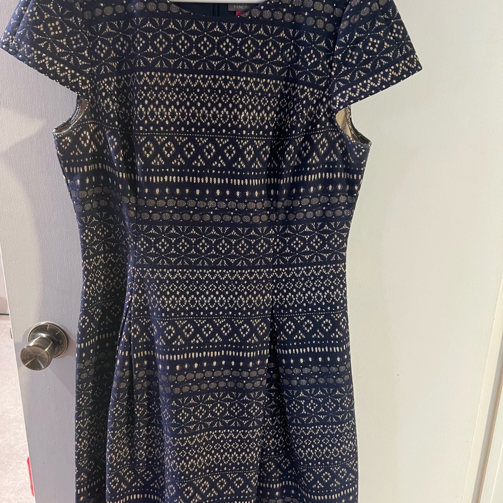 Vince Camuto Blue and Gold Fit and Flare Midi Dress